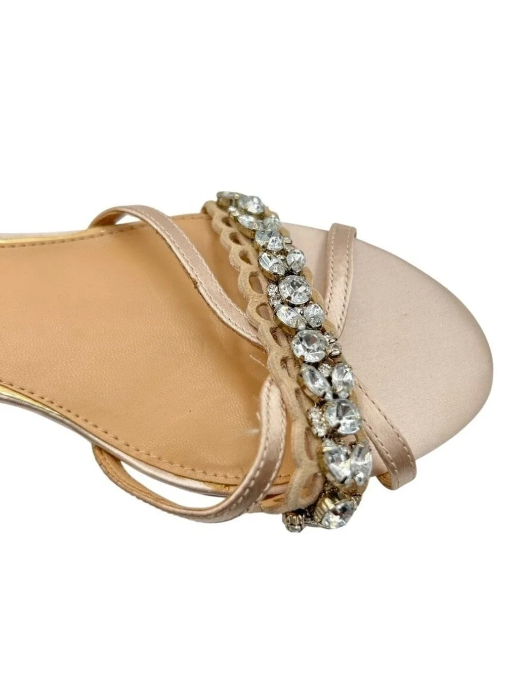 Jewel Badgley Mischka Champagne Satin Crystal Embellished Block Heels Size 8.5
